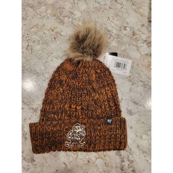 Women's '47 Brown Cleveland Browns Meeko Historic Logo Cuffed Knit Hat with Pom - Picture 1 of 5